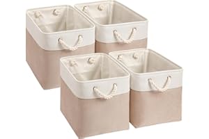 Mangata Aufbewahrungsbox,(33x38x33cm) Aufbewahrungskorb Stoff, Box in Würfel für Schrank, Regal, und Kleidung(khaki weiß, 4er Pack)