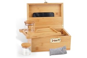 OZCHIN Large Bamboo Box with Combination Lock Decorative box for Home Great Gift Choice Storage Lockbox with Storage Jar, Christmas Gifts for Men Women (Nature, M)