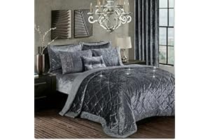 PRIME LINENS Crushed Velvet Quilted Bedspread Comforter Set 3 Piece Super Soft Bed Throw Diamond with 2 Pillow Cases (Dark Grey, Super King 3 Piece)
