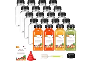 Premify 20pcs Empty Plastic Juice Bottles with Caps, 8oz/250ml Reusable Juice/Milk/Water Bottles for Kids, Clear Bulk Beverage Containers with Lids, Label, Funnel and Brush for Juicing, Milk, Smoothie