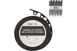 BAKOKI Borde flexible para césped (10 m, 40 anclajes de tierra, 6 cm de altura), color marrón, plástico, resistente a la intemperie, borde redondo para césped, borde de parterres, borde de corte