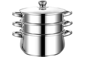 BARGAIN SHACK Stainless Steel Saucepan Set Tempered Glass Lid with Steam Vent -Stainless Steel Steamer 3 Tier -3Pcs saucepans Sets for Induction, Gas & Electric Hobs -(16cm,18cm,20cm) (Steamer 3Tier)