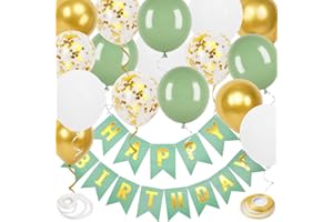 TRIVUNPIS Happy Birthday Banner, Green Birthday Decoration, 16 Pcs 12in Happy Birthday Balloons with 2 Ribbons for Men Women Girls and Boys Birthday Party Decoration