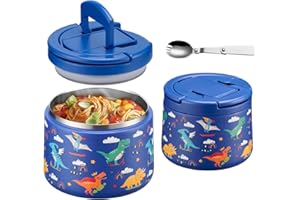 Itslife Termo para Comida 420ml, Recipiente Térmico para Comida con Cuchara, Acero Inoxidable Fiambrera Termica Infantil y Adultos, Contenedor Térmico para Picnic, Escuela y Oficina, Dinosaurio