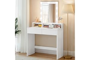 VASAGLE Kailyn Collection - Coiffeuse, Miroir LED à Luminosité Réglable, Table de Maquillage avec Miroir, 2 Tiroirs et 3 Compartiments, Coin Beauté, Style Moderne, Blanc RDT114W01