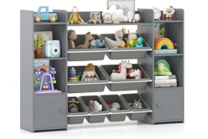 COSTWAY Kids Toy Storage Unit, 4-Tier Children's Toys Organiser with 8 Removable Bins, 2 Cabinets and Open Shelves, Large Toddler Bookshelf for Playroom, Nursery, Living Room (Grey)