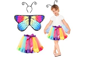 HONMOK 3 PCS Kids Butterfly Wings Costume, Butterfly Outfit with Butterfly Cape Wings & Magic Wand Headband & Tutu Skirt, Fairy Fancy Dress Costume for 3-10y Girls Carnival World Book Day