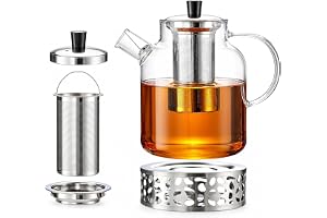 Mestive 1 800 ml glas tekanna med värmare-set, tekanna med sil och tevärmare rostfritt stål, droppfri, glastekanna med sil fö
