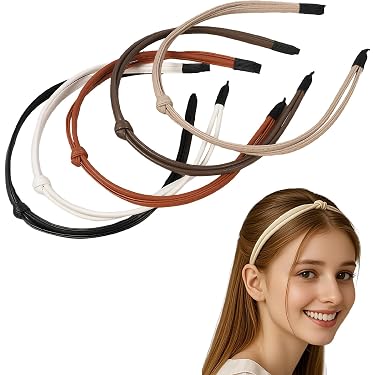 Lot De 5 Serre-têtes Fins Pour Femme Et Fille - Couleurs Noir, Marron, Blanc - En Cuir Souple Et Extensible