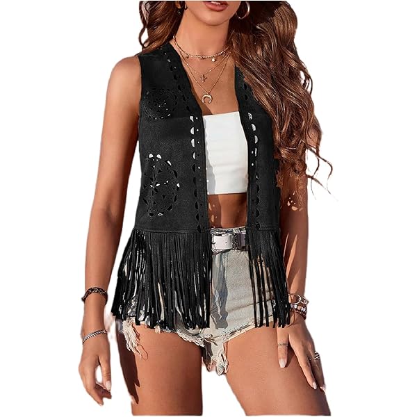 BOOMNY Boys Girls Western Cowboy Cow Girl Outfits Open Front Fringe Vest Party Dress Up Tassel Waist Coat Tops Carnival Performance Shirts