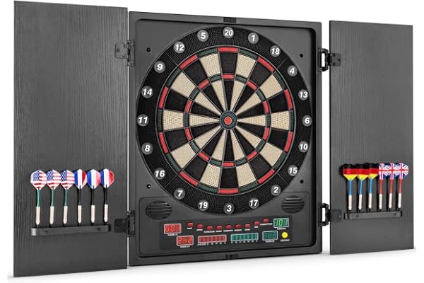 Oneconcept Dartmaster 180 - Jeu de fléchette, Jeux de fléchette électronique, Cible flechette, 27 Jeux, 150 Variantes, 8 Joueurs Max, 9 Touches, Affichage LED, 12 fléchettes