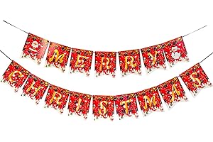 ZJHIOME Merry Christmas Banner, Red Xmas Decorations Paper Banner Sign With String for Fireplace/Wall/Window Home Office Decor,Christmas Party Banner for Holiday Decoration