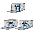 MECC 3 Pack Shoe Boxes, 360° Clear Transparent Stackable Shoe Box with Lids，14.5x11x7.8in Acrylic Sneaker Storage Organizer Box Wall,Large Display Case Container with Magnetic Door (Grey/Front open)