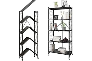 FuGuiB Étagère pliante à 5 niveaux - En métal - Avec roulettes - Pour cuisine - Étagère de rangement (noir à 5 couches)