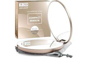 Mavoro Specchio per Trucco da Viaggio Illuminato a LED | Ingrandimento 1X/10X - LED Luce Diurna, Specchio Tascabile o da Borsa, Piccolo Specchio da Viaggio.Specchio Portatile Pieghevole(Champagne Oro)