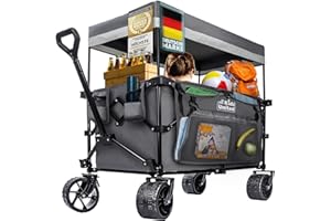 ‎ALL KIDS UNITED Faltbarer Bollerwagen Handwagen Transportkarre; Strand-Buggy bis 90L&150kg; XXL Geländeräder mit Bremse; Leiterwagen; Camping-Wagen für Strand, Garten & Outdoor; Verstellbarer Griff & Tasche (Grau)