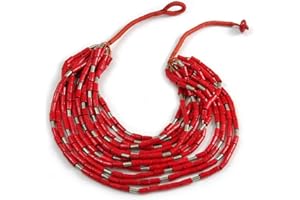 Avalaya Statement Multistrand Wood Bead Cotton Cord Bib Style Necklace in Red - 64cm Long