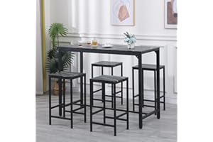 Redd Royal Bar Table and 4 Stools Set Counter Height for Breakfast, Kitchen Dining Table and Chairs Set of 4 Black Marble-Effect Space-saving Wood Tabletop Metal Frame for Small Home Apartment