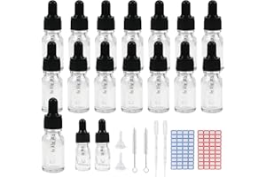 Reyshin 10ml Glass Dropper Bottles, 15 Pack Clear Glass Bottle with Dropper Pipettes Refillable Sample Dropper Bottle for Essential Oil Massage Aromatherapy Eye Drops (10ml transparent)