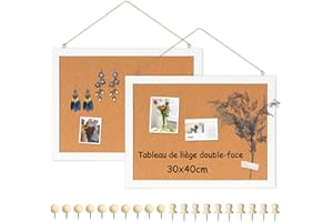 DOLLAR BOSS Tableau en liège 30×40cm 2PCS Tableau liege mural, Tableau d'affichage en liege double face avec cadre en bois blanc pour la maison, la cuisine, le bureau avec 20 épingles