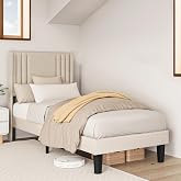 Bealife Upholstered Bed Frame with Headboard 90 x 200 cm, Platform Bed Frame, Wooden Slats, Easy Assembly, (Beige)