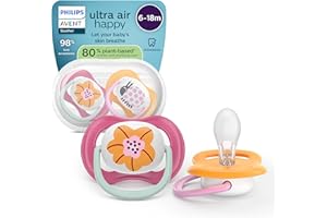 Philips Avent Sucettes ultra air - Orthodontiques, pour bébés de 6 à 18 mois, tétine souple symétrique en silicone, sans BPA, avec étui de stérilisation, lot de 2, SCF080/27