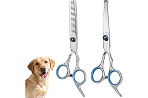 AYBUY Hunde Scheren, 2 Stück Ebogeneschere, Hund Fellschere Edelstahl, Sicherheit Runde Spitze Groomingschere, Hundeschere für Hunde Katzen Haustiere mit Schneidenschere und Verdünnungschere