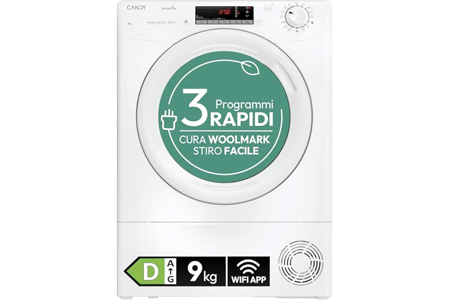 Candy Smart Pro Dryer 9 kg Heat Pump, Wi-Fi + Bluetooth App hOn, Snap&Dry, Woolmark, EasyCase, Class D, 85 x 60 x 58.5 cm (HxWxD), CRO Model EH9N2TE-S White