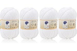 H HANSEL HOME Ovillo de Algodón Premium 100% Natural - Perfecto para Tejer y Ganchillo, Ideal para Crochet y Amigurumi, Blanco, 100gr, 220m, Pack de 4pcs