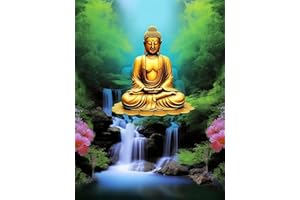 Reofrey Diamond Painting 5D Diamant Peinture Cascade Statue Bouddha DIY Cristal Strass Peinture Plein Forage Broderie Artisanat Point De Croix Chambre Salon Décoration Murale 40x50cm