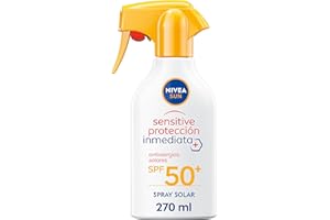 NIVEA SUN Sensitive Spray Antialergias FP50+ - Protector Solar Corporal par Alergias solares e Irritaciones - Protección Inmediata UVA/UVB - Sin Perfume - Resistente al Agua - Piel Sensible - 270 ml