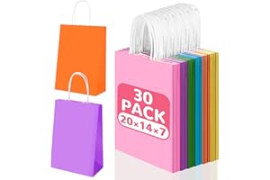 Williyatt Lot de 30 Sacs en Papier Kraft Colorés 20 x 14 x 8 cm, Sacs Cadeaux en Vrac avec Poignées pour Anniversaires d'enfants, Mariages, Articles de Fête, Baby Showers, Travaux Manuels