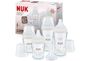 NUK Set biberon vetro Perfect Match | 6+ mesi | Si adatta al palato | Controllo temperatura | 4 biberon anti-colica e tettarella extra in silicone | 120 ml e 230 ml | Senza BPA | Arcobaleno | 5 pz