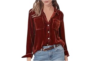 TURWXGSO Women's Velvet Shirts UK Sale Retro Long Sleeve Blouses Solid Color Tops Office Work Business Formal Shirts Regular Fit Button Down Blouses with Pockets