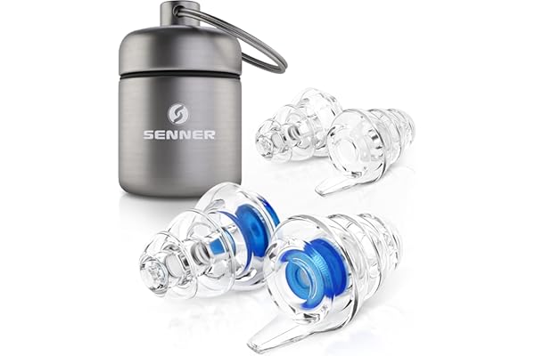 Senner Bouchons d’oreille MusicPro avec étui en aluminium Idéal pour les discothèques, pour écouter de la musique, pour les concerts et les festivals, bleu/transparent
