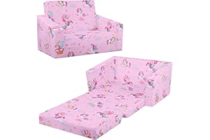 Decalsweet Kids Sofa Bed,2-in-1 Flip Out Kids Couch,Folding Toddler Chair with Pocket,Convertible Chair to Lounger,Birthday Gift for Children Girls,Unicorn Balloon