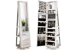 COSTWAY 3-in-1 Jewelry Cabinet, Lockable Jewelry Armoire Storage Unit with Full Length Mirror and Display Shelf, Home Bedroom Dressing Room Cosmetics Jewellery Organiser (360° Swivel White)