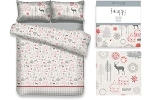 AmeliaHome Pościel Flanelowa 2 Częściowa 155x220 cm z Poszewką 80x80 Komplet Pościeli Bawełnianej Świąteczna Zimowa Renifery Choinki Czerwona Biała Szara Snuggy Lappi