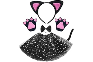 NHYDZSZ kot cosplay zestaw, przebranie kota dla dziewczynki, z kotem i uszami ogon tutu spódnica i kokardka motyl pazur rękawiczki na karnawał cosplay impreza karnawałowa przebranie