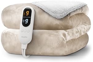 KEPLIN Large Electric Heated Throw Blanket - Electric Heated Blanket Throw for Bedspread 9 Heat Settings & Timer, Machine Washable Fleece Wool Duvet with 1 Year Warranty - Cream/Cream Sherpa