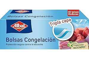 Albal Gefrierbeutel, 3 Liter, hergestellt aus 70% recycelten Materialien, dreilagig, robust, wiederverwendbar, recycelbar, 40 mittelgroß, BPA-frei