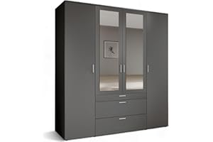 ‎STELLA TRADING Stella Trading VESALA Kleiderschrank mit Spiegeltüren in Graphit - Vielseitiger Drehtürenschrank 4-türig für Ihr Schlafzimmer - 180 x 195 x 56 cm (B/H/T)