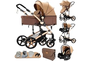 AVEAINELLE Poussette 3 en 1, poussette bidirectionnelle, nacelle cosy et capote inclus, pour naissance bébés de 0 a 3 ans (kaki + Sac à langer)