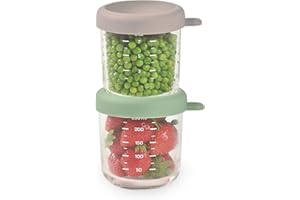 BÉABA, Zestaw 2 porcji szklanki do przechowywania posiłków dla niemowląt/ekstra wytrzymałe szkło, 100% hermetyczne, odporne na ciepło na zimno, zamrażanie, sterylizacja, stopniowanie, 250 ml, szałwia