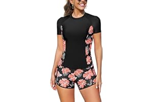 SHEKINI Rash Guard Set 2 Pièces Maillot de Bain Rashguard Imprimé Floral T-Shirt à Manches Courtes Shorts de Sport pour Surf Natation Séchage Rapide