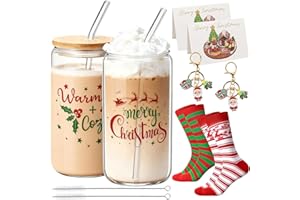 KOIROI 500ml Verres à Eau de Noel, Verre à Boire Avec Couvercles et Paille en Motif de Père Noël, avec porte-clés chaussette et carte d'invitation Pour Bubble Tea,Smoothie, Cadeau pour Femmes,Mères,Amies
