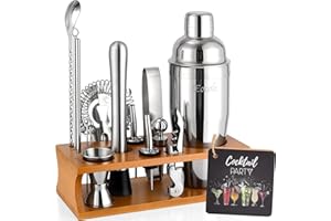 Eocolz Cocktail Shaker Kit, INOX Ensembles de Bar Cocktail Set, 17Pièces Cocktails Ensemble-Cadeau, Shaker à Cocktail Kit Barman avec Cadre en Bois (Marron Argent)