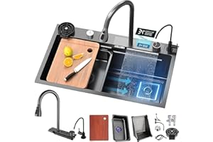 DSMRLEOP Fregadero de cocina con cascada negra, 75 x 45 cm, 1 cuenco, acero inoxidable, rectangular, sifón, rebosadero y desagüe, moderno y multifuncional, fregadero cascada con juego de accesorios