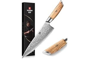 XINZUO 21.2cm Couteau de Chef 73 Couches Acier en Poudre de Damas, Couteau de Cuisine Professionnel Couteau à Gyuto, Lames Bien Tranchantes Forgé à la Main-Poignée en Bois d'Olivier-Série Lan