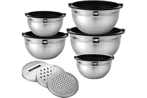HAOYULUO 5 pièces Bols à mélanger en acier inoxydable,Bol Inox avec Couvercle-4.5L/2.7L/1.6L/1.1L/0.7L,avec 3 accessoires de broyage, emboîtable pour le stockage, lavable au lave-vaisselle